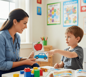Madre ayudando a su hijo con ejercicios de terapia de lenguaje infantil