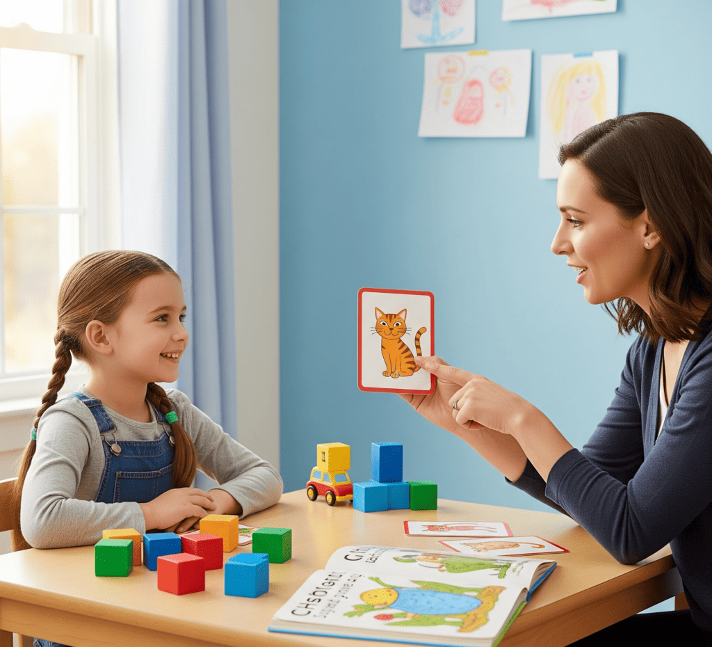 Niña recibiendo terapia de lenguaje infantil para mejorar su comunicación