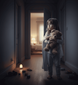 Niña con miedo a la oscuridad en niños caminando sola por un pasillo oscuro en CDMX