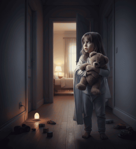 Niña con miedo a la oscuridad en niños caminando sola por un pasillo oscuro en CDMX