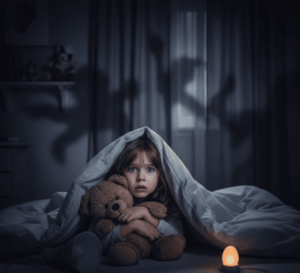 Niña con miedo a la oscuridad en su habitación con luz tenue