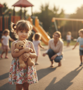 Niña mostrando señales de miedos infantiles mientras juega en un parque de CDMX