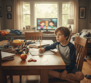 Niño desconcentrado estudiando con apoyo psicológico para el TDAH en niños