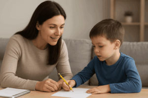 niño concentrado en una sesión de terapia psicológica infantil para mejorar la atención