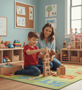 Psicóloga infantil utilizando juegos para trabajar emociones con un niño