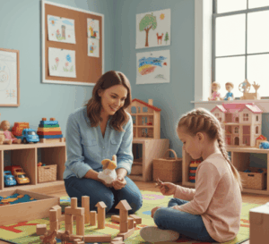 Niña participando en una sesión de terapia de juego infantil en Miami