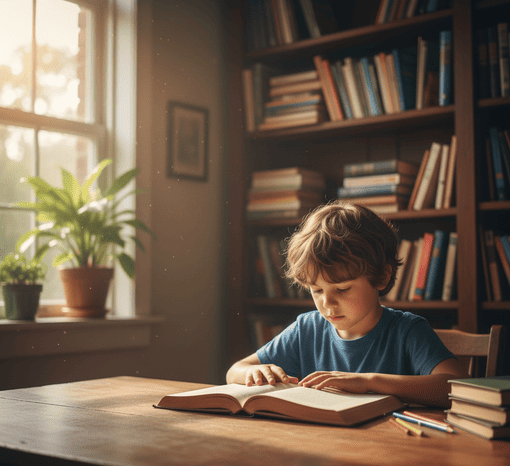 Niño concentrado mientras realiza ejercicios de lectura