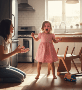 Niña en edad preescolar expresando emociones intensas en un entorno familiar