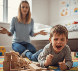 Madre ayudando a su hijo a regular emociones frente a la frustración infantil