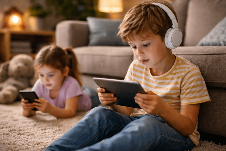Niños usando tablet y celular en casa bajo supervisión familiar