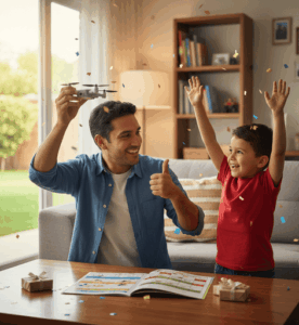 Padre celebrando logro de su hijo utilizando recompensas positivas