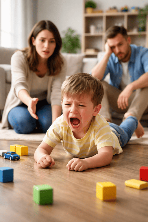 Niño pequeño mostrando frustración durante una actividad cotidiana en casa
