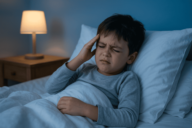 Niño acostado sin poder dormir debido a dificultades para conciliar el sueño infantil